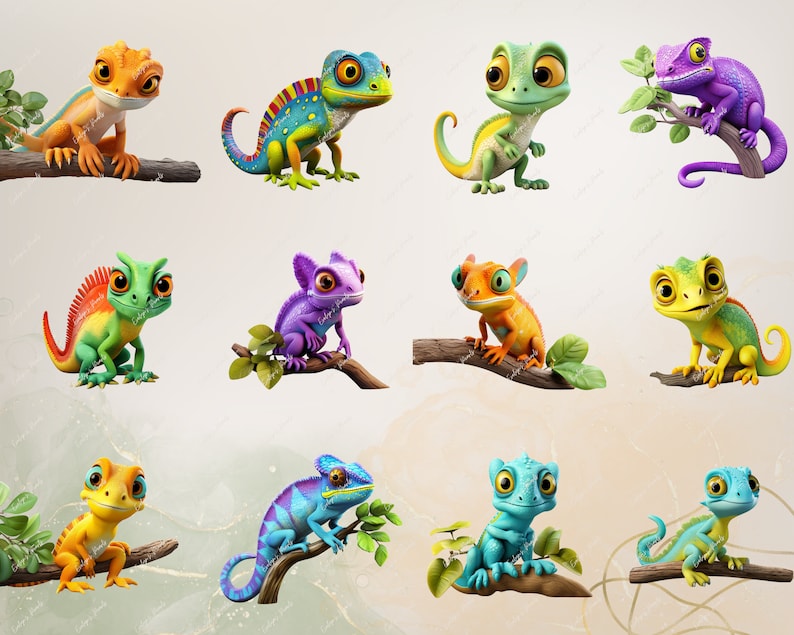 May include: A collection of ten cartoon chameleon figurines, each with a different color and pose. The chameleons are sitting on branches with green leaves.