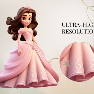May include: A pink princess dress with white trim and a crown. The dress has a fitted bodice and a full skirt. The skirt has a close-up detail showing the intricate design of the trim.