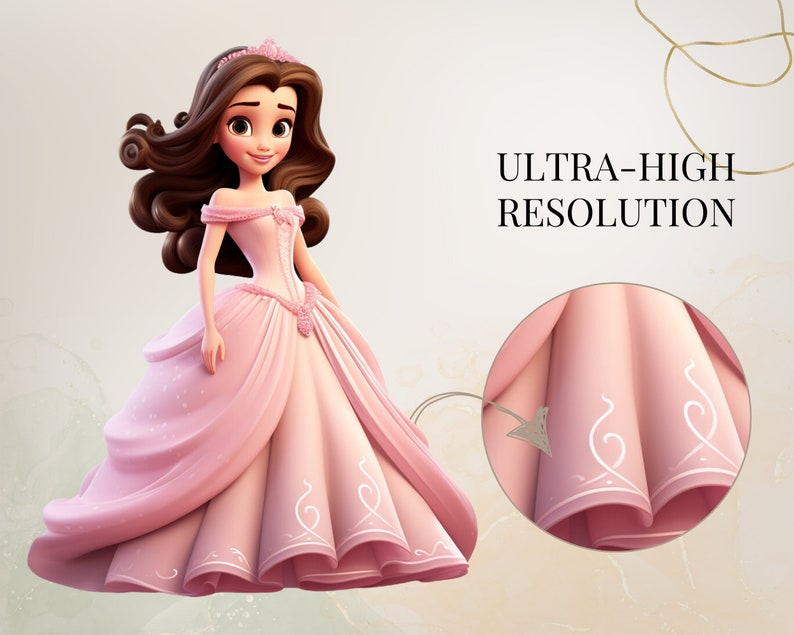 May include: A pink princess dress with white trim and a crown. The dress has a fitted bodice and a full skirt. The skirt has a close-up detail showing the intricate design of the trim.