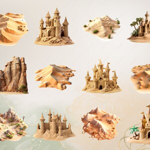 Puede incluir: Una colecci&oacute;n de nueve dise&ntilde;os de castillos de arena, que incluyen un castillo con torres, un castillo con un puente levadizo, un castillo con un foso, un castillo con una bandera, un castillo con una palmera, un castillo con una monta&ntilde;a, un castillo con un desierto, un castillo con una formaci&oacute;n rocosa y un castillo con un camino.