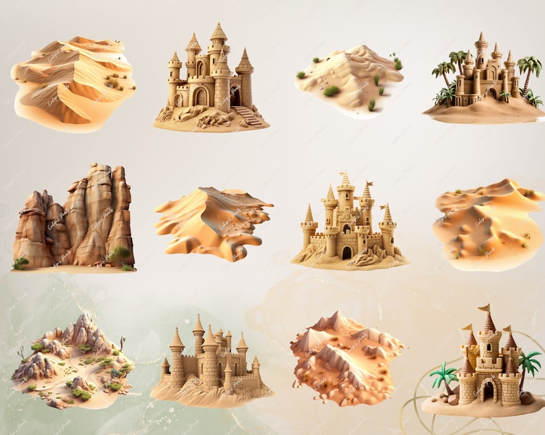 Puede incluir: Una colecci&oacute;n de nueve dise&ntilde;os de castillos de arena, que incluyen un castillo con torres, un castillo con un puente levadizo, un castillo con un foso, un castillo con una bandera, un castillo con una palmera, un castillo con una monta&ntilde;a, un castillo con un desierto, un castillo con una formaci&oacute;n rocosa y un castillo con un camino.