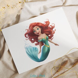 May include: A cartoon illustration of a mermaid with long red hair, a green tail, and a gold trim. She is swimming with bubbles around her.