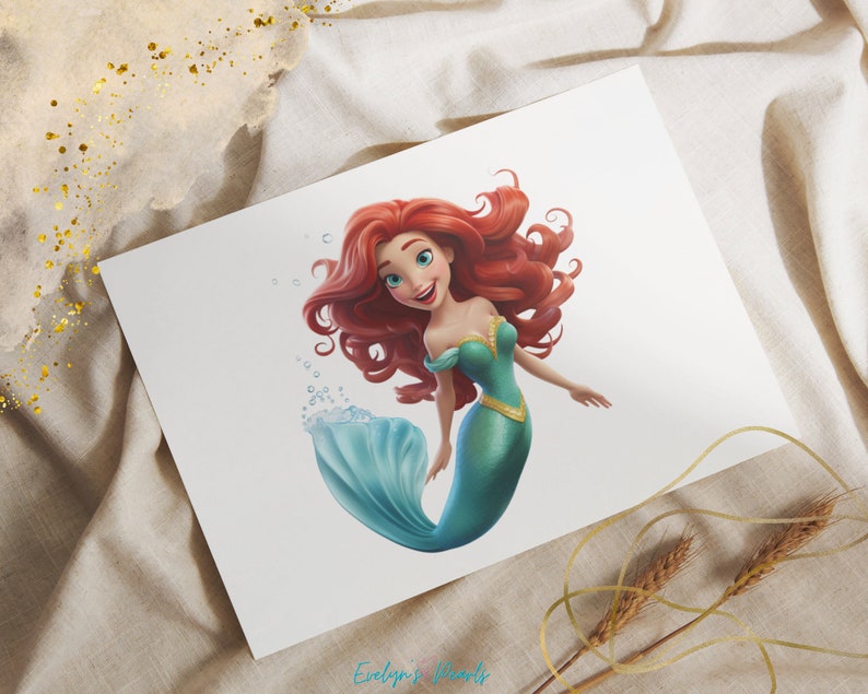 May include: A cartoon illustration of a mermaid with long red hair, a green tail, and a gold trim. She is swimming with bubbles around her.