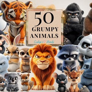 May include: A colorful illustration of 50 grumpy animals, including a penguin, tiger, gorilla, bear, rabbit, lion, raccoon, deer, and a rhinoceros. The text "50 Grumpy Animals" is displayed in a blue banner.