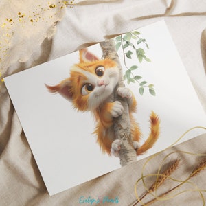 May include: A cartoon orange and white cat with green eyes is climbing a tree trunk. The cat is looking at the viewer with a curious expression. The tree trunk is white with brown bark.