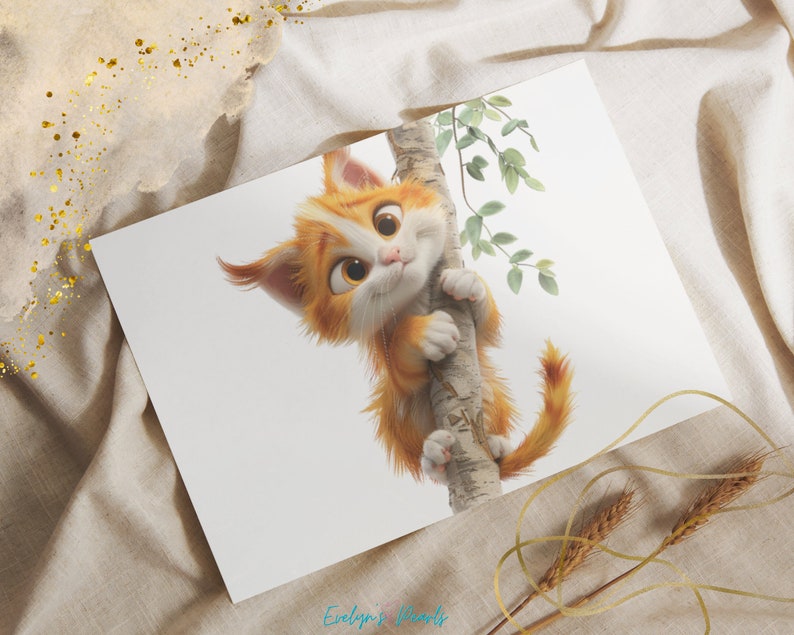 May include: A cartoon orange and white cat with green eyes is climbing a tree trunk. The cat is looking at the viewer with a curious expression. The tree trunk is white with brown bark.