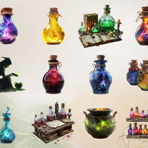 Puede incluir: Una colecci&oacute;n de botellas de vidrio llenas de l&iacute;quidos coloridos y que brillan con efectos m&aacute;gicos. Algunas botellas tienen tapones de corcho, mientras que otras tienen tapas de metal. Las botellas est&aacute;n dispuestas sobre un fondo blanco.