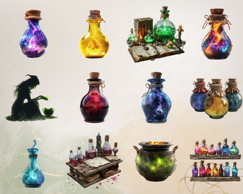 Puede incluir: Una colecci&oacute;n de botellas de vidrio llenas de l&iacute;quidos coloridos y que brillan con efectos m&aacute;gicos. Algunas botellas tienen tapones de corcho, mientras que otras tienen tapas de metal. Las botellas est&aacute;n dispuestas sobre un fondo blanco.