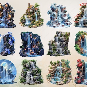 May include: A collection of 10 digital illustrations featuring various waterfall scenes. Each scene depicts a waterfall cascading over rocks, with different surrounding elements like flowers, trees, and houses. The waterfalls are depicted in various styles, including realistic, cartoonish, and abstract.