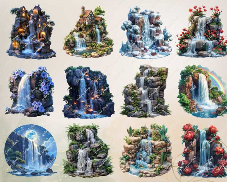 May include: A collection of 10 digital illustrations featuring various waterfall scenes. Each scene depicts a waterfall cascading over rocks, with different surrounding elements like flowers, trees, and houses. The waterfalls are depicted in various styles, including realistic, cartoonish, and abstract.