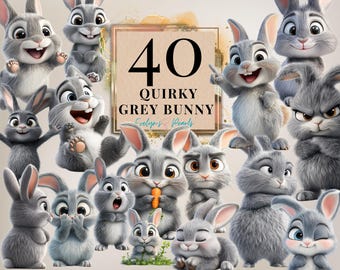 Quirky Grey Bunny Clipart Funny Grey Rabbit PNG Spring Bunny Clipart Woodland Animals Sublimations Quirky Animals | Commercial Use Clipart