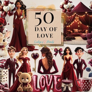Día del Amor Clipart Feliz Día de San Valentín Clipart Borgoña San Valentín PNG Amor Clipart Pareja Romántica Clipart Corazón / Uso Comercial Clipart