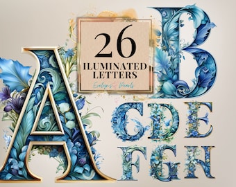 Illuminated Letters Clipart Bundle 26 English Alphabet Clipart Blue Floral Letters PNG Card Clipart | Commercial Use Clipart Transparent