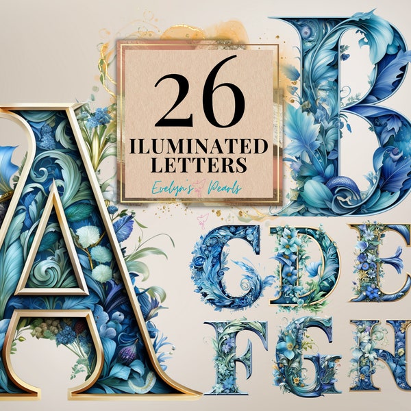 Illuminated Letters Clipart Bundle 26 English Alphabet Clipart Blue Floral Letters PNG Card Clipart | Commercial Use Clipart Transparent