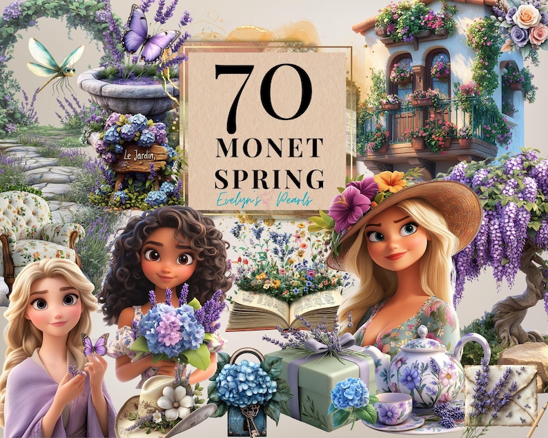 70 Monet-inspired spring-themed elements. Includes blooming lavender fields, elegant teapots, colorful floral arrangements, and characters in pastel outfits holding flowers.