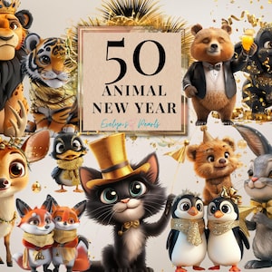 Clipart de animales de Año Nuevo, PNG de Año Nuevo 2025, Clipart de celebración, Clipart de animales del bosque, Clipart de animales de safari / Uso comercial, Clipart transparente