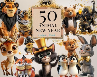 Clipart noworoczny Zwierzęta Nowy Rok PNG 2025 Uroczystość Clipart Zwierzęta leśne Clipart Safari Animal | Clipart do użytku komercyjnego Przezroczysty