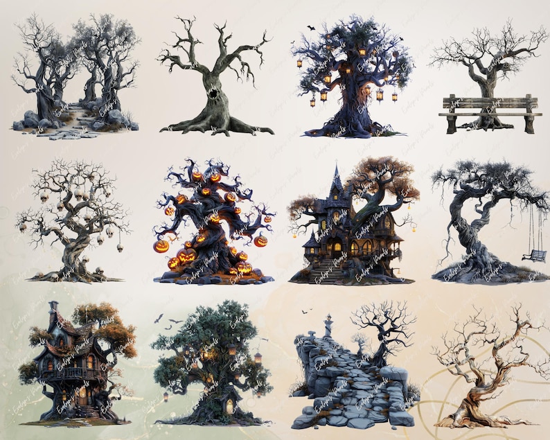 May include: A collection of ten digital illustrations featuring spooky trees with various Halloween themes. The illustrations include a tree with jack-o-lantern faces, a tree with a haunted house, a tree with a bench, and a tree with a swing.