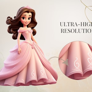 May include: A pink princess dress with white trim and a crown. The dress has a detailed close-up of the fabric and trim. ULTRA-HIGH RESOLUTION.