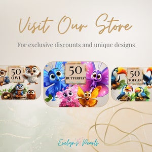 May include: A digital collage of five colorful illustrations featuring cartoon animals. The illustrations include an owl, a butterfly, a toucan, and a horse. Each illustration has a sign with the number 50 and the name of the animal. The text "Visit Our Store" and "For exclusive discounts and unique designs" is at the top of the image. The text "Evelyn's Pearls" is at the bottom of the image.