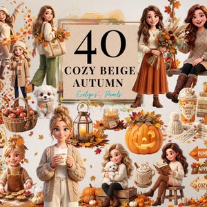 May include: A digital collection of 40 cozy beige autumn illustrations featuring characters in sweaters, pumpkins, fall foliage, a jack-o'-lantern, a basket of apples, a lantern, a candle, books, a pumpkin spice latte, and wooden signs labeled Pumpkin Patch.