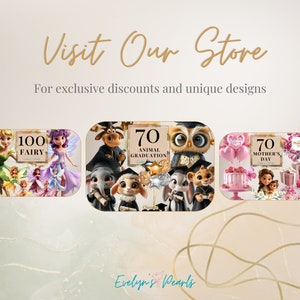 May include: A collage of digital illustrations featuring various themes, including fairies, animal graduation, Mother's Day, and a birthday celebration. The illustrations are colorful and whimsical, with a focus on cute and adorable characters.