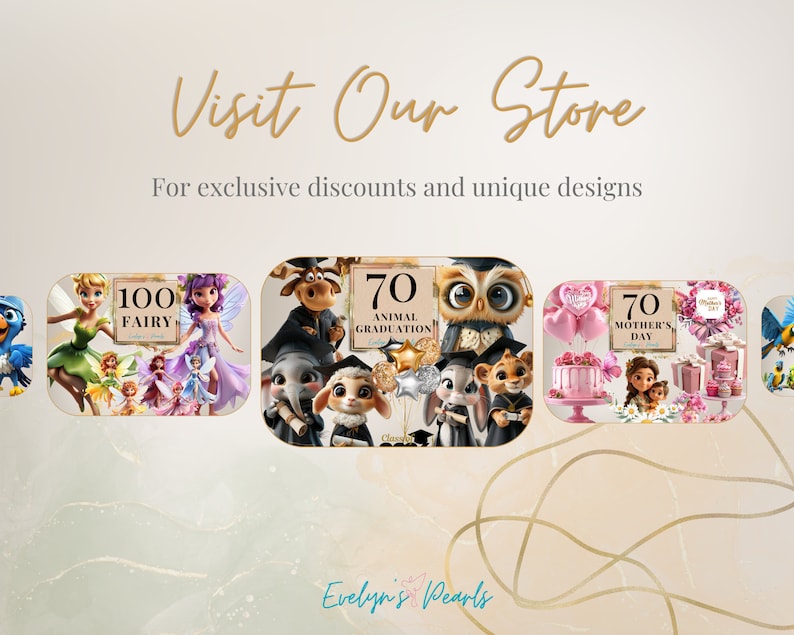 May include: A collage of digital illustrations featuring various themes, including fairies, animal graduation, Mother's Day, and a birthday celebration. The illustrations are colorful and whimsical, with a focus on cute and adorable characters.