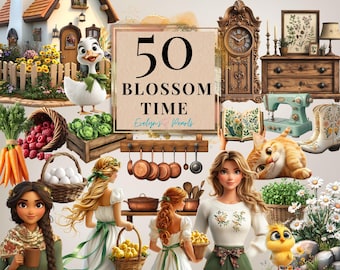 Blossom Spring Cottage PNG Rustic Vintage Spring Clipart Planner Girl PNG Countryside, Garden, Spring Flowers PNG | Commercial Use Clipart