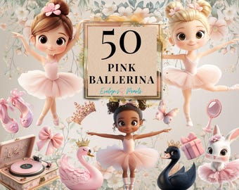 May include: A digital download of 50 pink ballerina clipart images. The images feature a variety of pink ballerinas, including a ballerina with brown hair, a ballerina with blonde hair, and a ballerina with brown skin. The images also include a variety of accessories, such as crowns, swans, butterflies, and a record player.