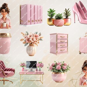 "Slide showing pink high heels, succulent planters, office furniture, and stylish women holding coffee, representing Boss Lady theme."