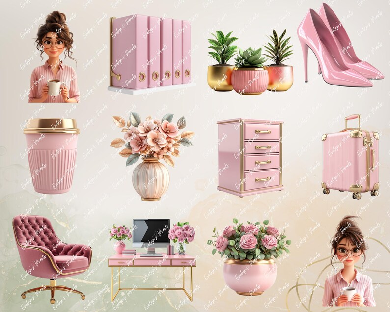 "Slide showing pink high heels, succulent planters, office furniture, and stylish women holding coffee, representing Boss Lady theme."