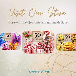 K&ouml;nnte beinhalten: Drei digitale Designs mit einem Schmetterling, einem Zuckerstangen und einer Honigbiene. Jedes Design hat einen bunten Hintergrund und enth&auml;lt den Text "50" und den Namen des Designs. Der Text "Evelyn's Pearls" befindet sich am unteren Rand des Bildes.