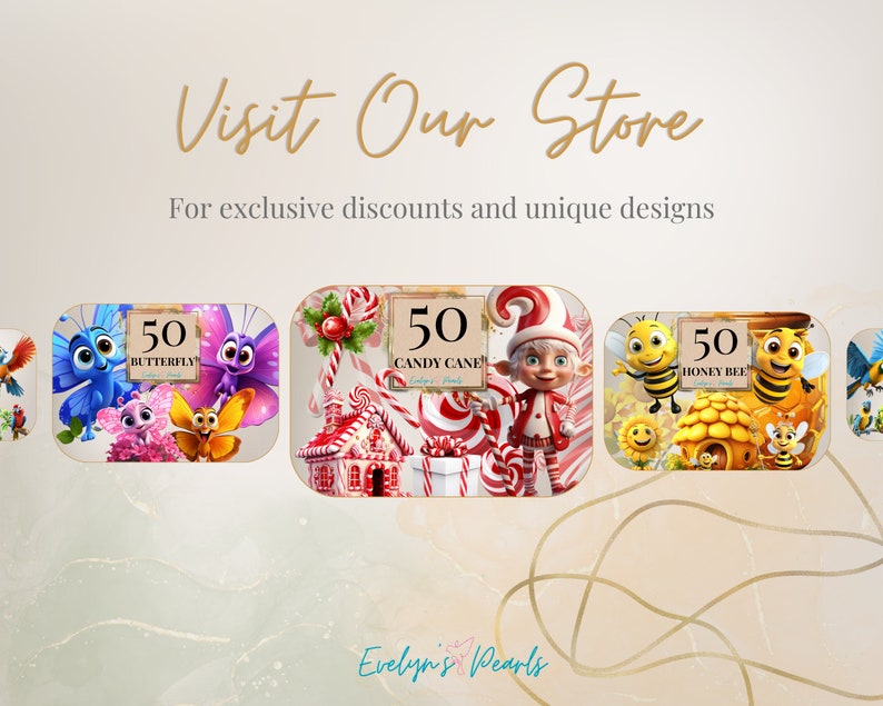 K&ouml;nnte beinhalten: Drei digitale Designs mit einem Schmetterling, einem Zuckerstangen und einer Honigbiene. Jedes Design hat einen bunten Hintergrund und enth&auml;lt den Text "50" und den Namen des Designs. Der Text "Evelyn's Pearls" befindet sich am unteren Rand des Bildes.