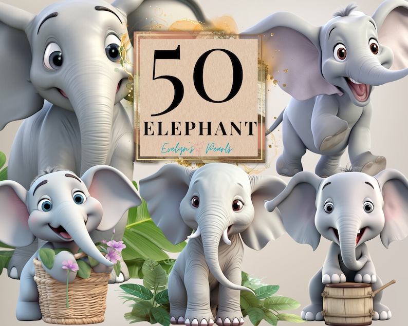 May include: A collection of cartoon elephants in various poses. The elephants are primarily gray with large ears and trunks. Some are holding objects like a basket of flowers and a wooden barrel. The image includes the text "50 ELEPHANT" and "Evelyn's Pearls".