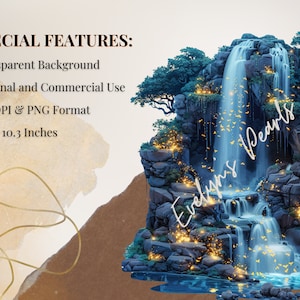 May include: A digital illustration of a waterfall cascading down a rocky cliff, surrounded by lush green foliage and glowing lights. The text "Evelyn's Pearls" is written in a cursive font on the right side of the image.