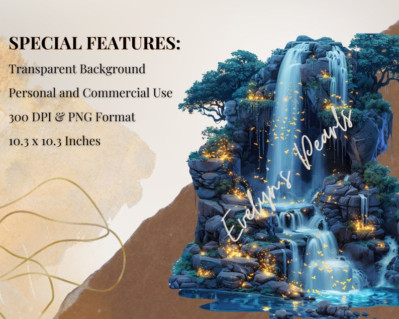 May include: A digital illustration of a waterfall cascading down a rocky cliff, surrounded by lush green foliage and glowing lights. The text "Evelyn's Pearls" is written in a cursive font on the right side of the image.