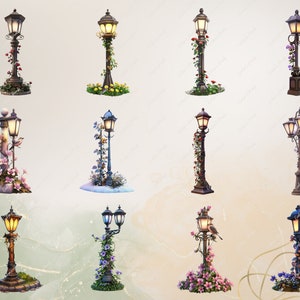 May include: A collection of ornate, vintage-style street lamps. Each lamp features a decorative design, with some adorned with flowers, vines, and birds. The lamps have a warm, inviting glow, suggesting a classic, romantic aesthetic.