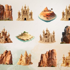 Puede incluir: Una colecci&oacute;n de diez representaciones 3D de castillos de arena y formaciones rocosas. Los castillos de arena son intrincados y detallados, con torres, muros y arcos. Las formaciones rocosas son rugosas y texturizadas, con bordes afilados y grietas.