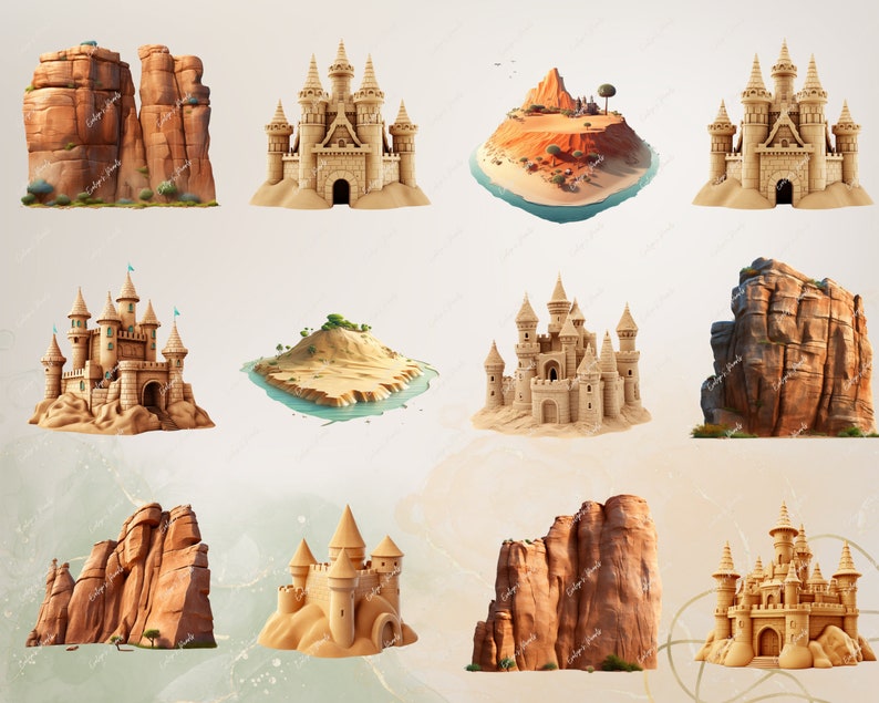 Puede incluir: Una colecci&oacute;n de diez representaciones 3D de castillos de arena y formaciones rocosas. Los castillos de arena son intrincados y detallados, con torres, muros y arcos. Las formaciones rocosas son rugosas y texturizadas, con bordes afilados y grietas.