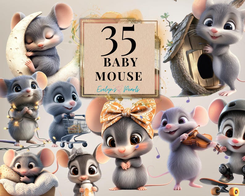 May include: 35 Baby Mouse digital clipart images featuring cute cartoon mice in various poses, including sleeping, shopping, playing music, and skateboarding. The images are perfect for crafting projects, scrapbooking, and digital design.