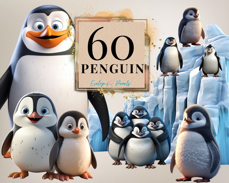 Puede incluir: Una ilustraci&oacute;n digital de 60 ping&uuml;inos de dibujos animados en varias poses. Los ping&uuml;inos son blancos y negros con picos naranjas y ojos azules. El texto "60 Penguin" est&aacute; escrito en marr&oacute;n sobre un fondo beige.