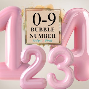 Puede incluir: Números de burbujas rosas 1, 2, 3 y 4. Los números son brillantes y tienen un efecto 3D. La imagen también incluye un rectángulo marrón con el texto "0-9 Bubble Number Evelyn's Pearls".