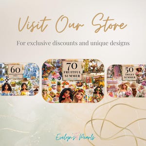Image 8:
Store promotion slide displaying five themed clipart bundles including “Fruitful Summer,” “Sweet Summer,” and “Mediterranean Vibes” with colorful character and object previews.