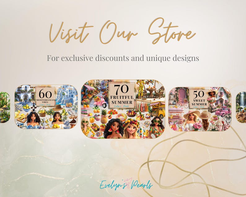 Image 8:
Store promotion slide displaying five themed clipart bundles including “Fruitful Summer,” “Sweet Summer,” and “Mediterranean Vibes” with colorful character and object previews.
