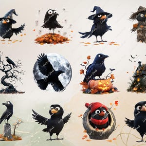 May include: A set of 10 Halloween-themed digital clipart images featuring various black crows and ravens in different poses and settings. The images include a crow wearing a witch's hat, a crow perched on a tree branch, a crow flying in front of a full moon, a crow sitting on a pumpkin, a crow in a tree stump, and more.