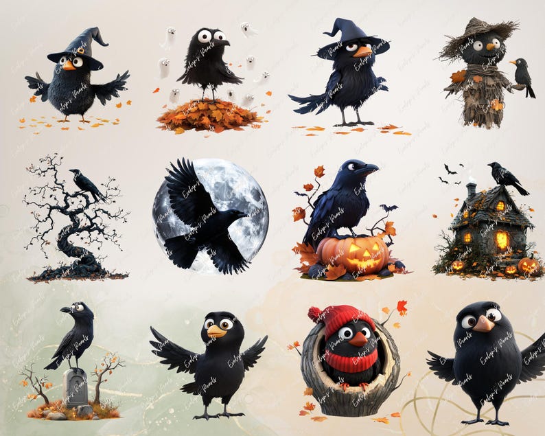 May include: A set of 10 Halloween-themed digital clipart images featuring various black crows and ravens in different poses and settings. The images include a crow wearing a witch's hat, a crow perched on a tree branch, a crow flying in front of a full moon, a crow sitting on a pumpkin, a crow in a tree stump, and more.