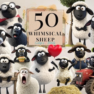 Clipart di pecore stravaganti, PNG di pecore eccentriche, Clipart di animali da fattoria, PNG di pecore divertenti, Grafica per bambini, Arte per bambini / Uso commerciale, Clipart trasparente