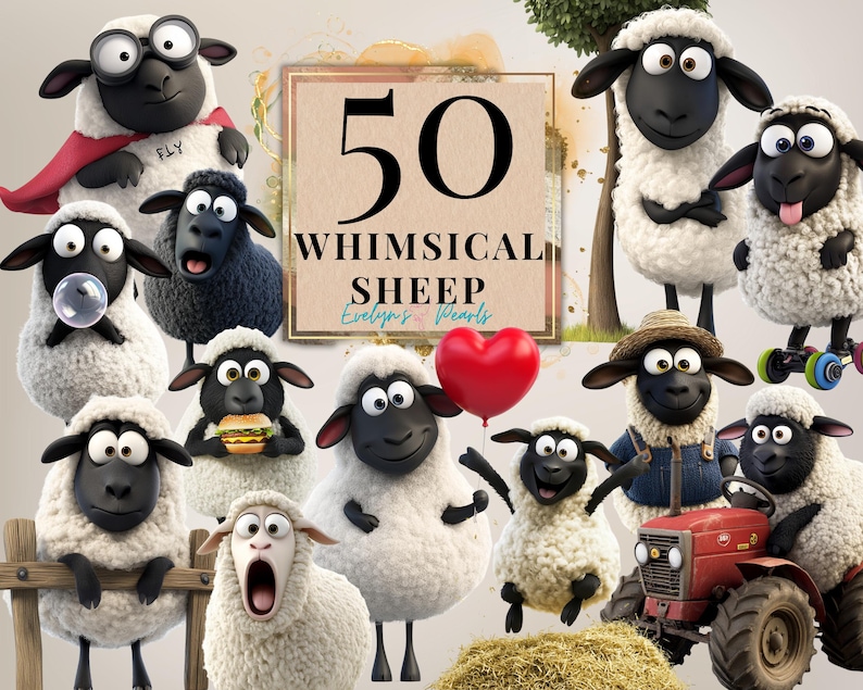 May include: A collection of 50 whimsical sheep illustrations, featuring various poses and expressions. The sheep are cartoon-like and have black noses and hooves. Some sheep are wearing hats, glasses, and other accessories. The text "50 Whimsical Sheep" is displayed on a brown sign with a watercolor background.