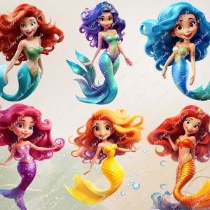 May include: Six cartoon mermaids with different colored hair and tails. The mermaids are all smiling and have large eyes. The mermaids are all wearing seashells and have a crown on their heads. The mermaids are all swimming in a blue and green ocean.