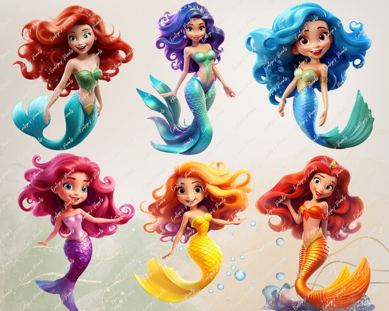 May include: Six cartoon mermaids with different colored hair and tails. The mermaids are all smiling and have large eyes. The mermaids are all wearing seashells and have a crown on their heads. The mermaids are all swimming in a blue and green ocean.